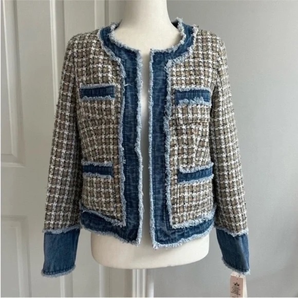 Nanette Lepore Long Sleeve Open Boucle Denim Trim Jacket - Picture 2 of 7